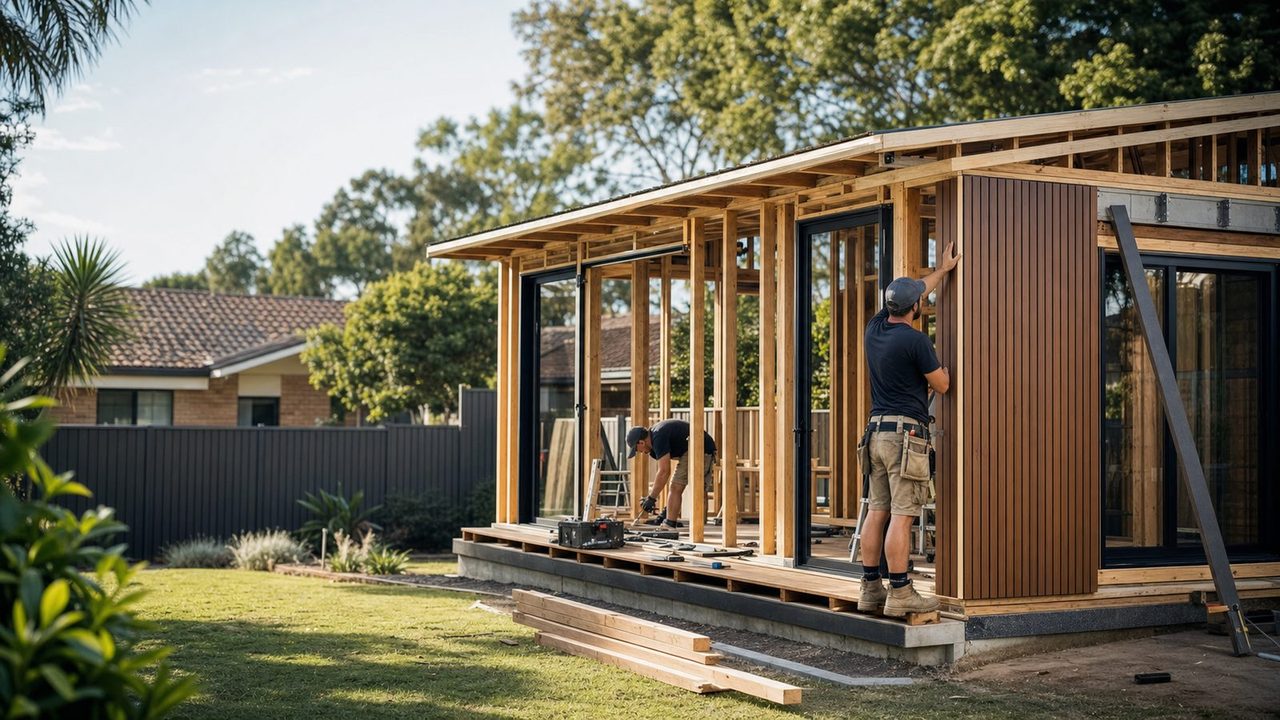 Workers beside timber framing and cladding on a small backyard dwelling