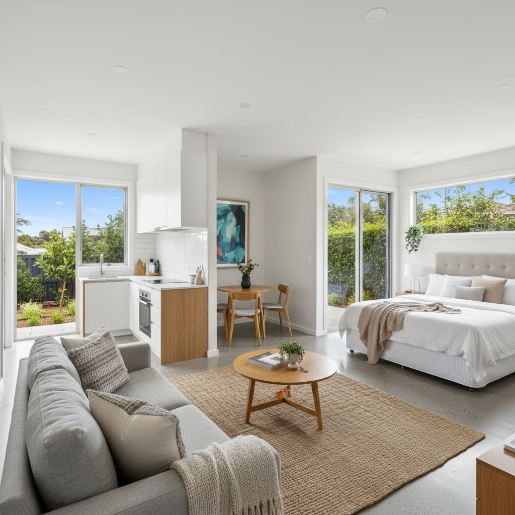 Interior of a completed granny flat with open-plan living